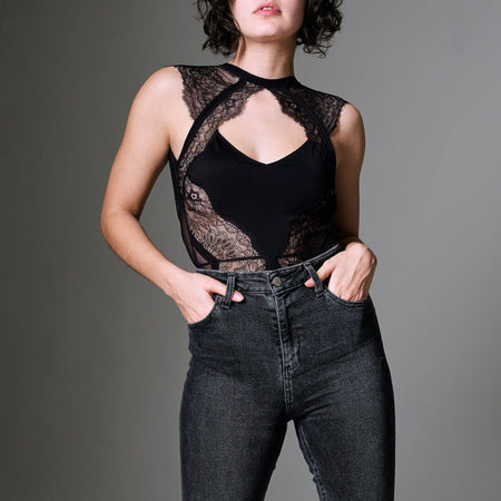Thistle & Spire Cypress Embroidered Unlined Mesh Bodysuit In Black